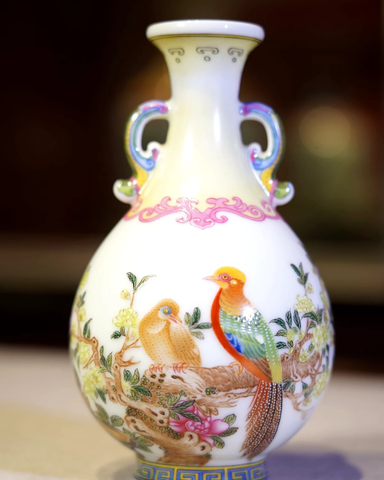 Famille Rose Golden Pheasant Handled Vase