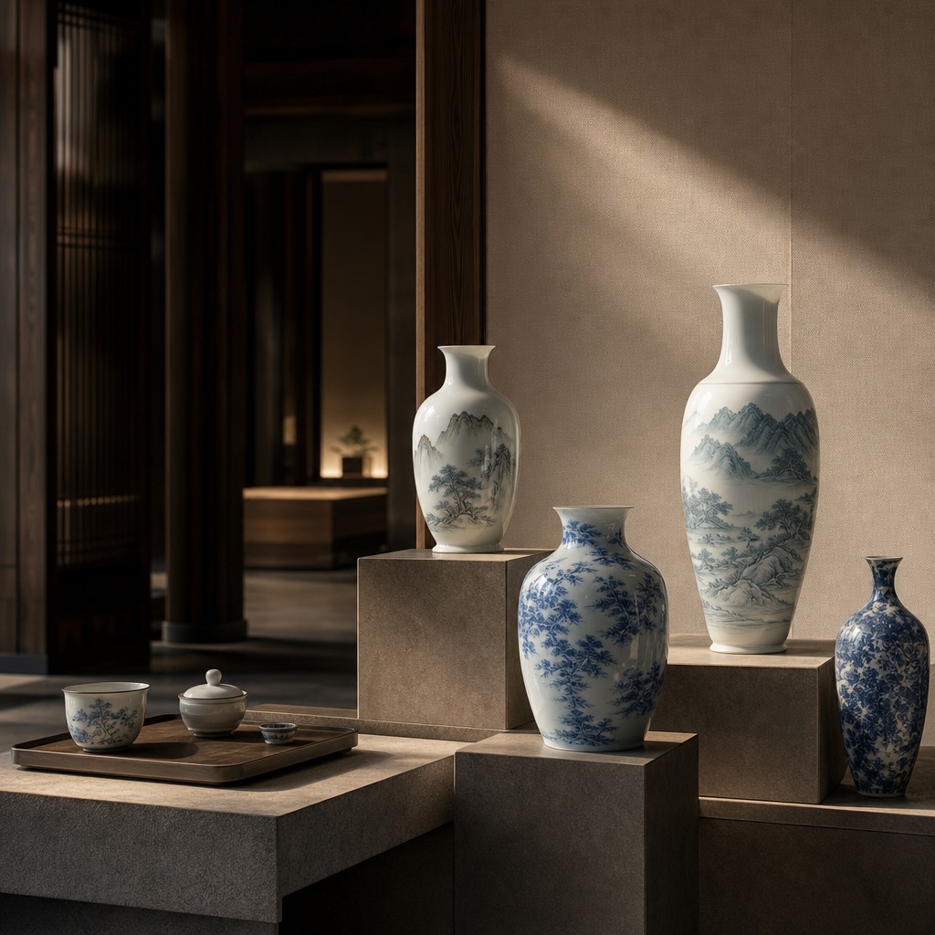 Porcelain displayed in an interior setting